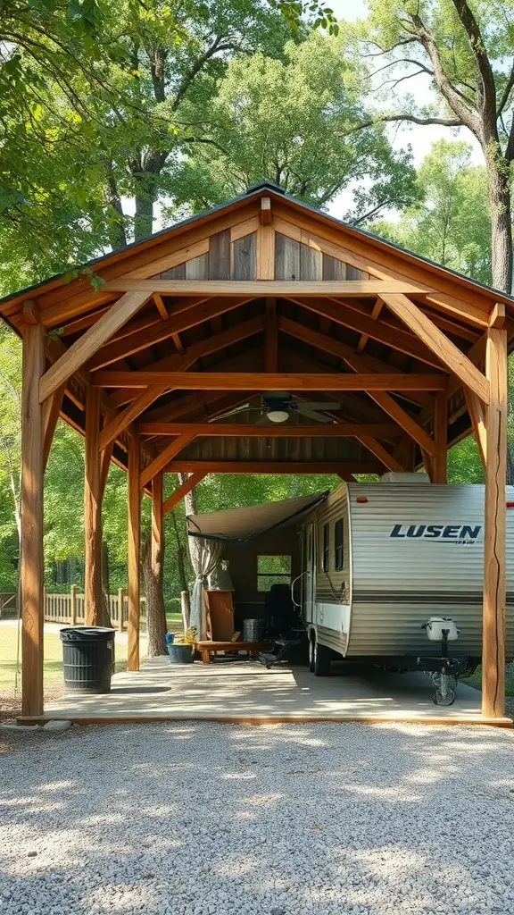 17+ Creative RV Shelter Ideas to Protect Your Home on Wheels 9 A wooden carport sheltering an RV surrounded by trees