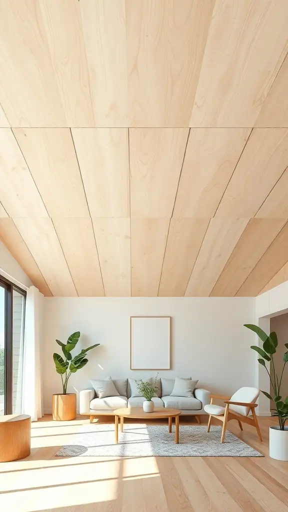Bright room with painted plywood ceiling and modern furniture