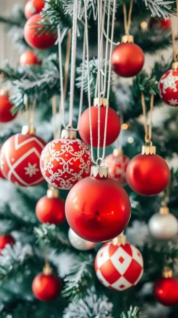 A close-up of red and white Christmas ornaments hanging on a tree.