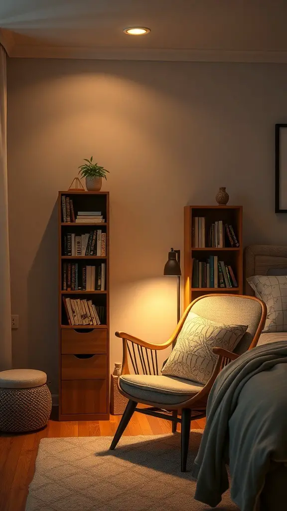 Cozy reading nook with a wooden chair, bookshelf, and warm lighting.
