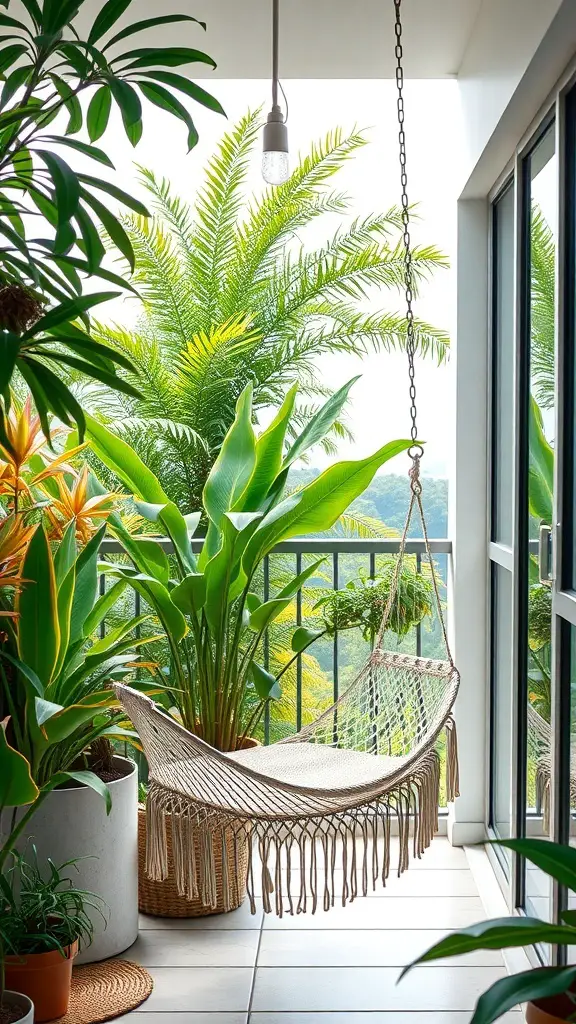 A cozy balcony featuring a hammock surrounded by lush green plants.