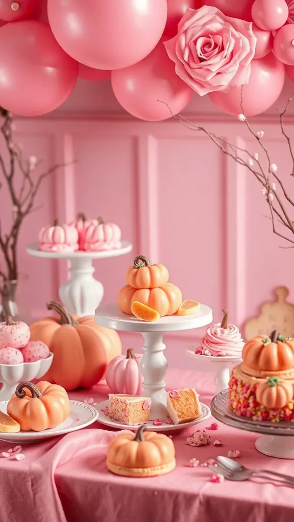 20+ Adorable Pink Pumpkin Baby Shower Ideas 16 A beautifully arranged pink pumpkin dessert table featuring various sweet treats for a baby shower.