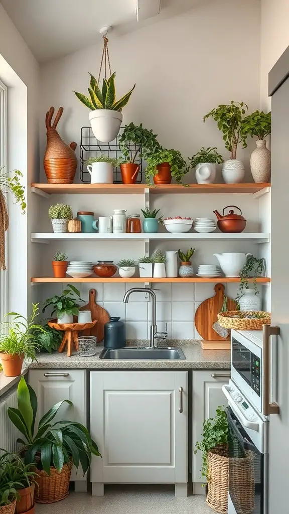 A small cottage kitchen with open shelves filled with plants and kitchenware, showcasing a bright and organized space.