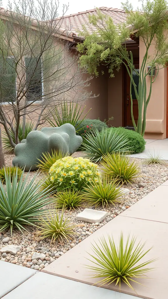 25+ Stunning Desert Landscaping Ideas for Your Front Yard 17 A desert front yard featuring various native plants, including agaves and succulents, arranged with pebbles and stepping stones.