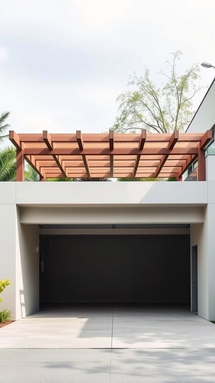 17+ Inspiring Garage Pergola Ideas for Your Outdoor Space 3 A modern minimalist garage pergola with a wooden structure and clean lines.