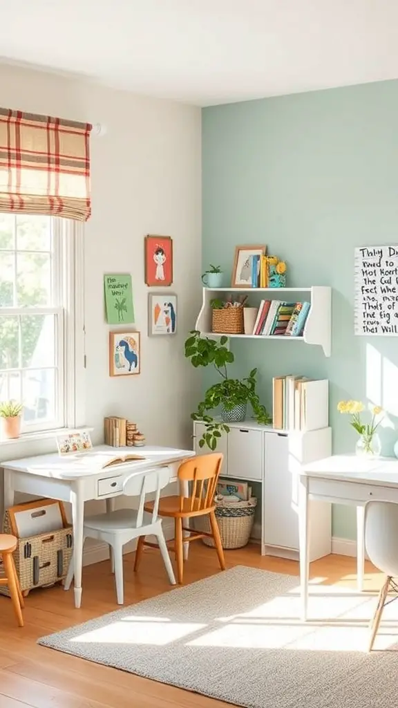 23+ Cozy Homeschool Room Ideas for a Perfect Learning Space 11 A cozy homeschool room featuring a calming color palette with soft pastels and natural elements.