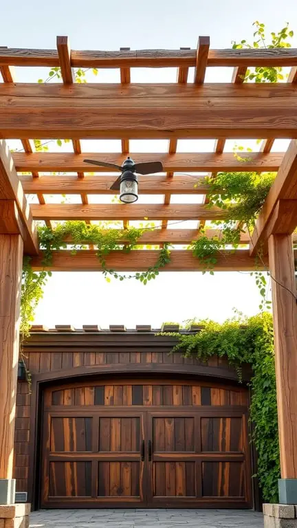 17+ Inspiring Garage Pergola Ideas for Your Outdoor Space 2 A rustic wooden pergola over a garage, featuring wooden beams and climbing plants.