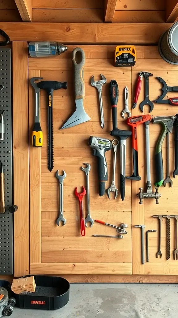 A well-organized tool wall featuring various tools on a wooden panel.
