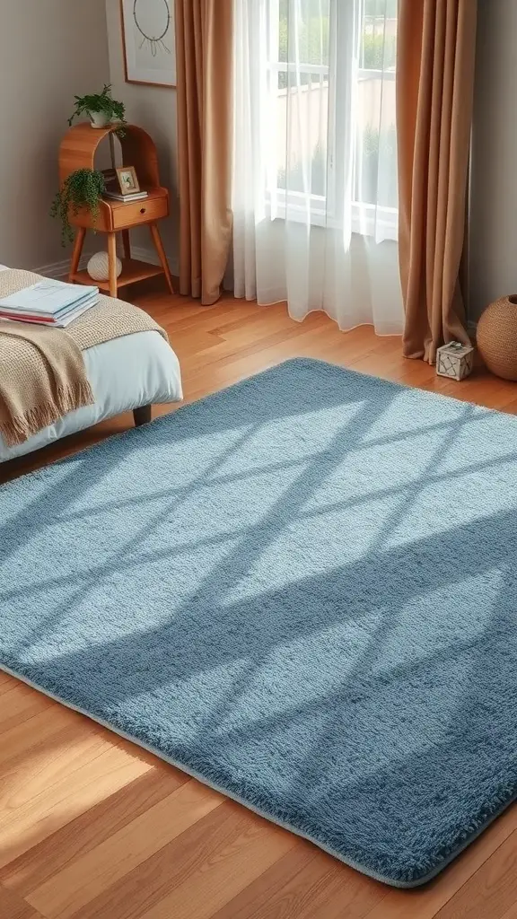 23+ Stunning Dusty Blue Bedroom Ideas to Transform Your Space 11 A dusty blue rug in a cozy bedroom setting with natural light