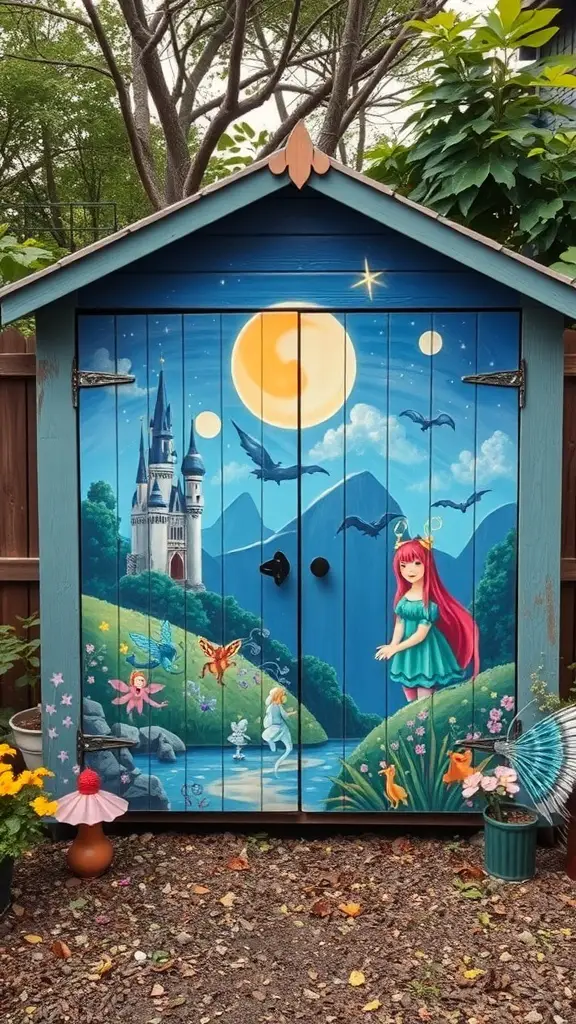 A colorful mural on a garden shed depicting a fairy, a castle, and a magical landscape.
