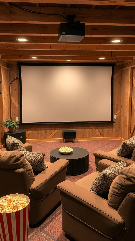 19+ Cozy Unfinished Basement Ideas to Transform Your Space 2 Cozy unfinished basement home theater setup with comfortable seating and a large screen.