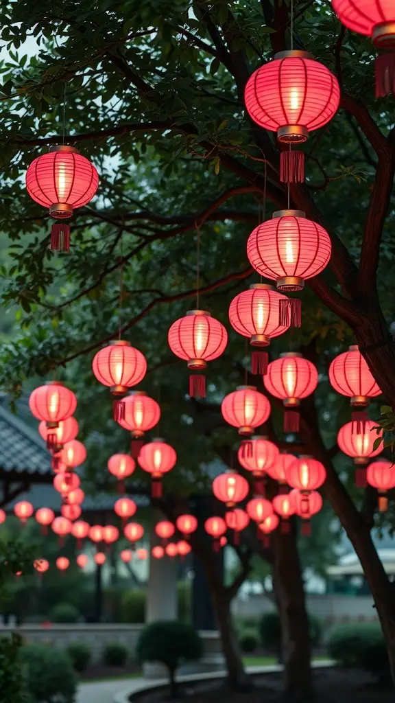 23+ Stunning Pink Halloween Decor Ideas for a Unique Celebration 2 A display of pink lanterns hanging from trees, illuminating the surroundings.
