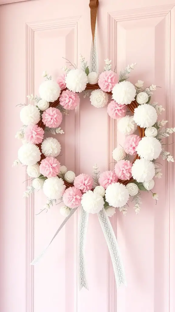 A pastel pink and white wreath with pom-poms and greenery, hanging on a pink door.