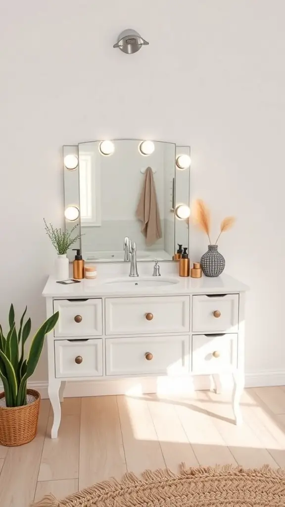 27+ Creative Vanity Organization Ideas You’ll Love 13 A stylish and organized vanity with a mirror, lights, and storage drawers.