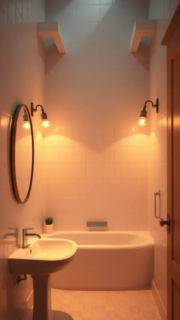 27+ Cozy Fall Bathroom Decor Ideas to Refresh Your Space 15 A bathroom with warm lighting fixtures, featuring a bathtub, sink, and a round mirror.