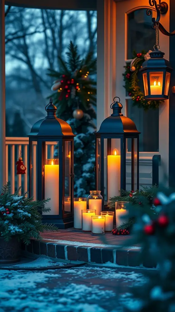 31+ Stunning Outdoor Christmas Decor Ideas to Brighten Your Holiday Season 3 Outdoor scene with hanging lanterns and candles surrounded by greenery and snow