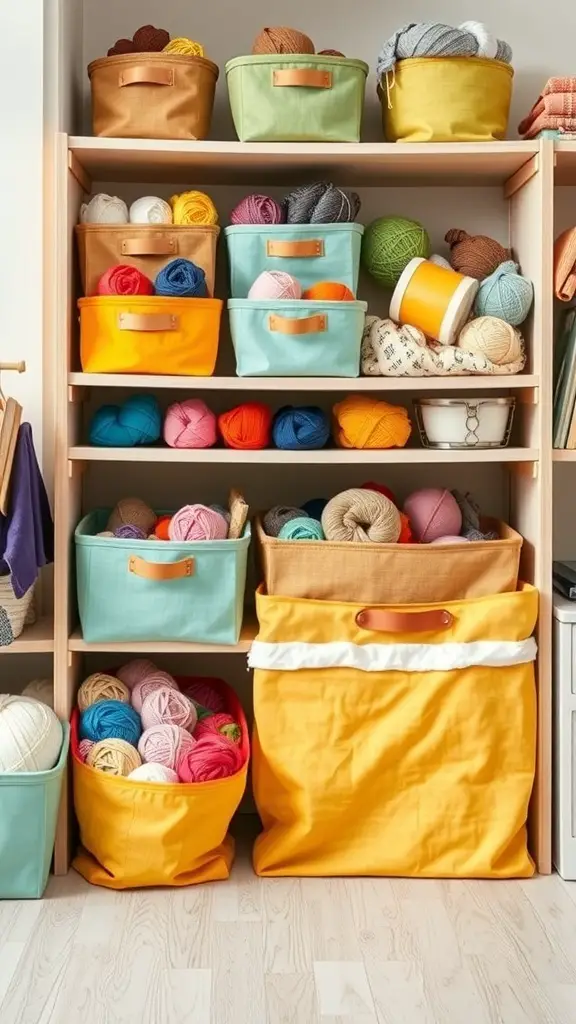 25 Creative Craft Organization Ideas You’ll Love 8 Colorful fabric bins filled with yarn on a wooden shelf