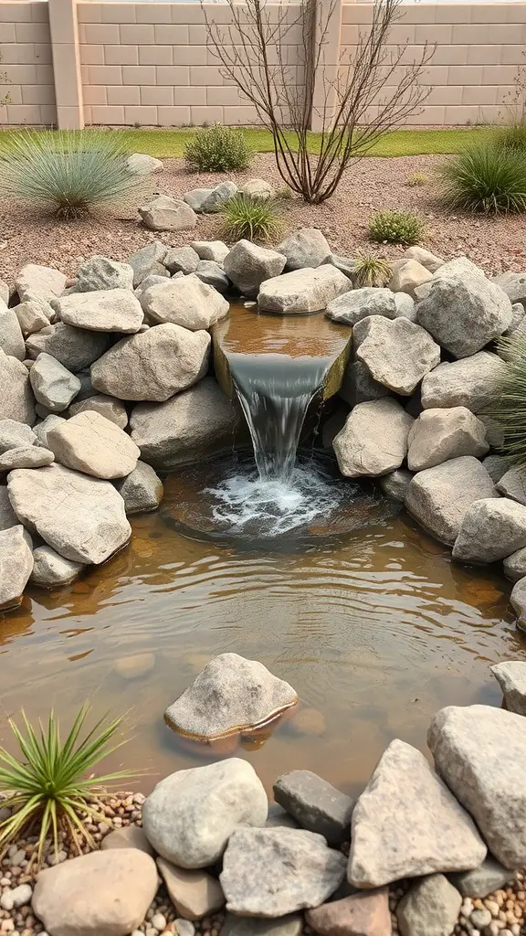 27+ Creative Xeriscape Landscaping Ideas for a Sustainable Garden 6 A serene water feature surrounded by rocks and dry landscaping plants.