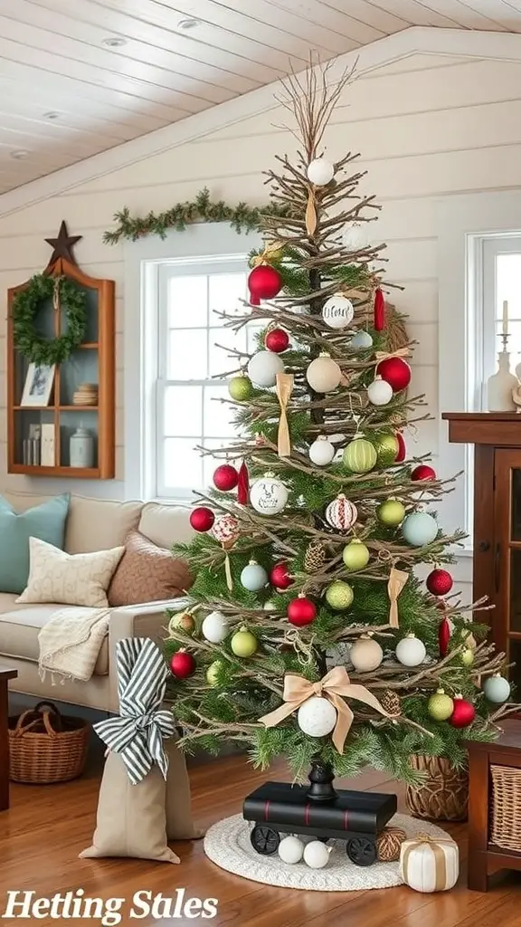 27+ Rustic Farmhouse Christmas Decor Ideas You’ll Love 21 A rustic Christmas tree decorated with red and green ornaments, set in a cozy farmhouse living room.