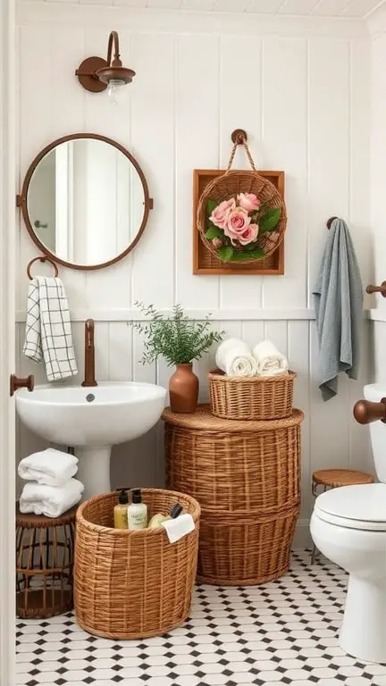 31+ Inspiring Farmhouse Bathroom Ideas You’ll Love 12 A stylish farmhouse bathroom featuring wicker baskets for organization, a round mirror, and soft lighting.