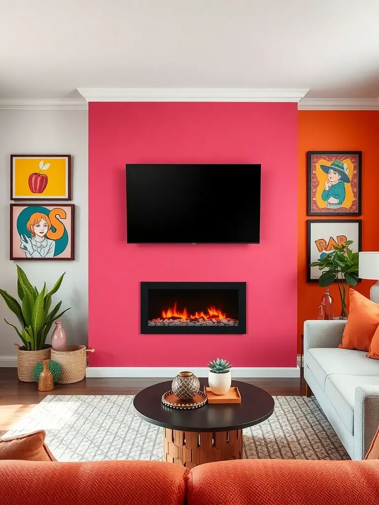 21+ Stunning Electric Fireplace Wall Ideas to Transform Your Space 5 A colorful living room featuring a pink accent wall with an electric fireplace, modern furniture, and vibrant artwork.