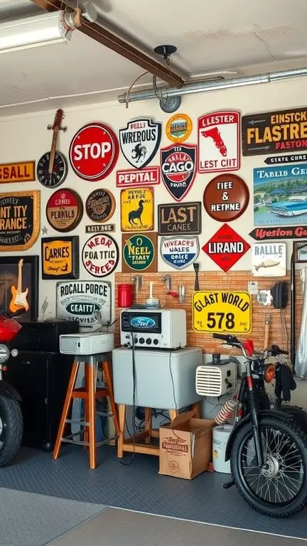 19+ Ultimate Garage Man Cave Ideas You Need to See 2 A garage wall decorated with various vintage signs and memorabilia.