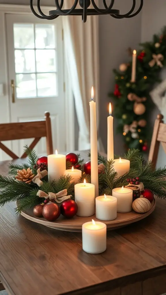27+ Rustic Farmhouse Christmas Decor Ideas You’ll Love 7 A rustic farmhouse Christmas centerpiece featuring candles, greenery, and ornaments on a wooden tray.