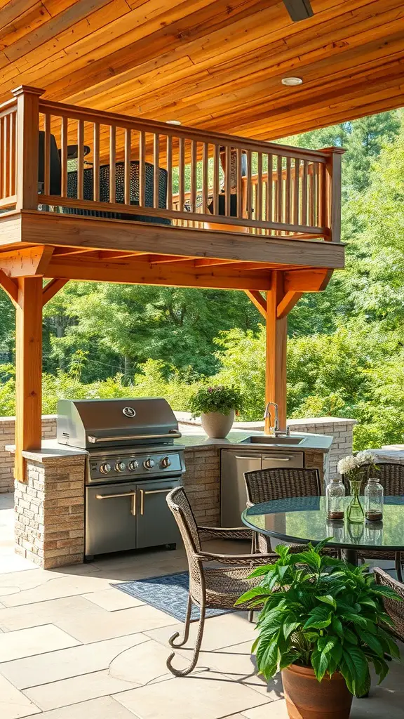 19+ Stunning Decks with Patios Underneath for Your Outdoor Oasis 7 Outdoor kitchen with grill, sink, and dining area under a wooden deck.