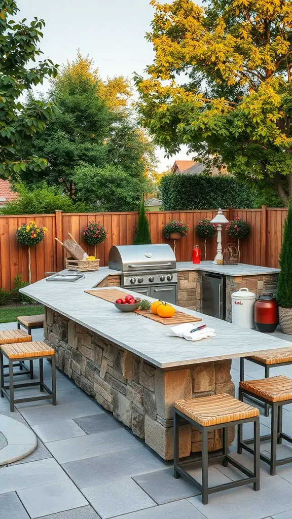 Outdoor grill island with stone structure, countertop, and seating.
