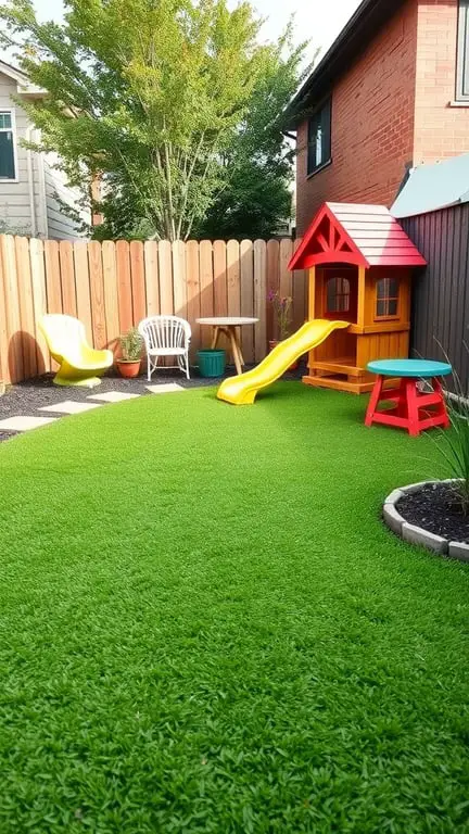 17+ Inspiring Turf Backyard Ideas for a Gorgeous Outdoor Space 7 A vibrant backyard with green turf, a colorful playhouse, a slide, and seating for parents.