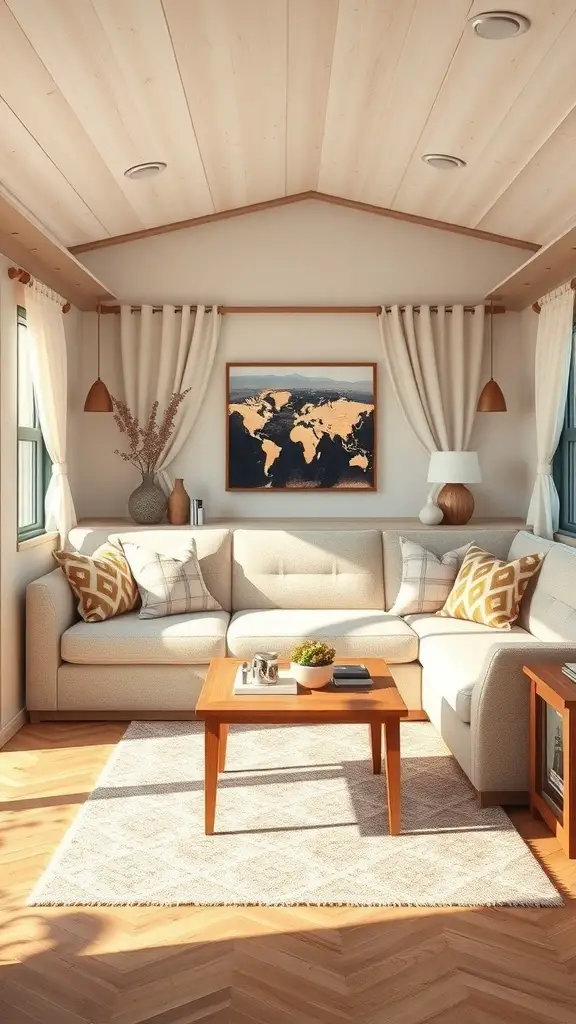 Cozy living room layout in a mobile home with a sofa, coffee table, and world map art.