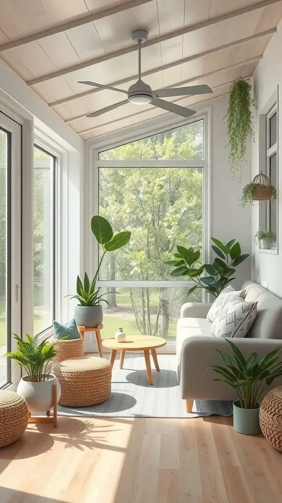 A bright and airy living space with large windows, plants, and cozy furniture.