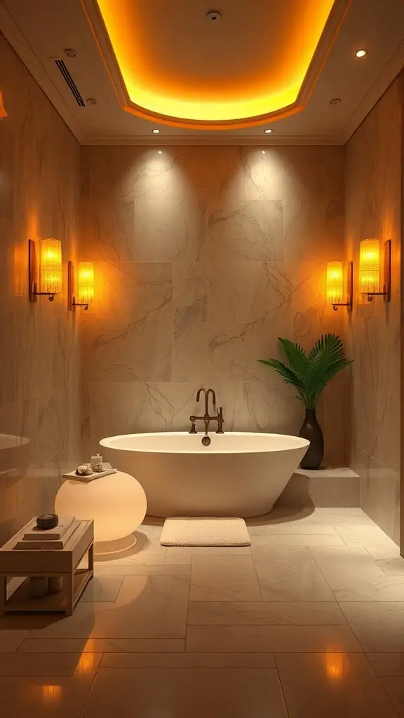 25+ Spa Bathroom Ideas for a Relaxing Retreat at Home 6 A beautifully lit spa-inspired bathroom with warm lighting and elegant fixtures.
