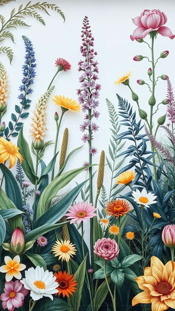 23+ Stunning Garden Mural Ideas to Transform Your Outdoor Space 2 A vibrant mural featuring various flowers and plants, showcasing botanical illustrations.