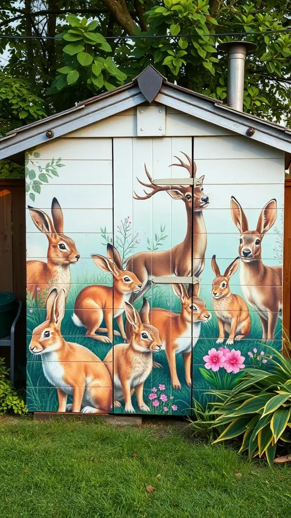 A mural on a garden shed depicting a deer and rabbits in a natural setting.