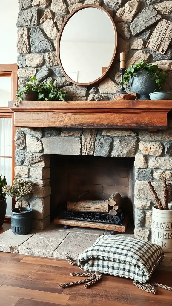 23+ Stunning Farmhouse Fireplace Decor Ideas to Transform Your Home 10 A rustic stone fireplace with a wooden mantel, round mirror, potted plants, and a plaid pillow.