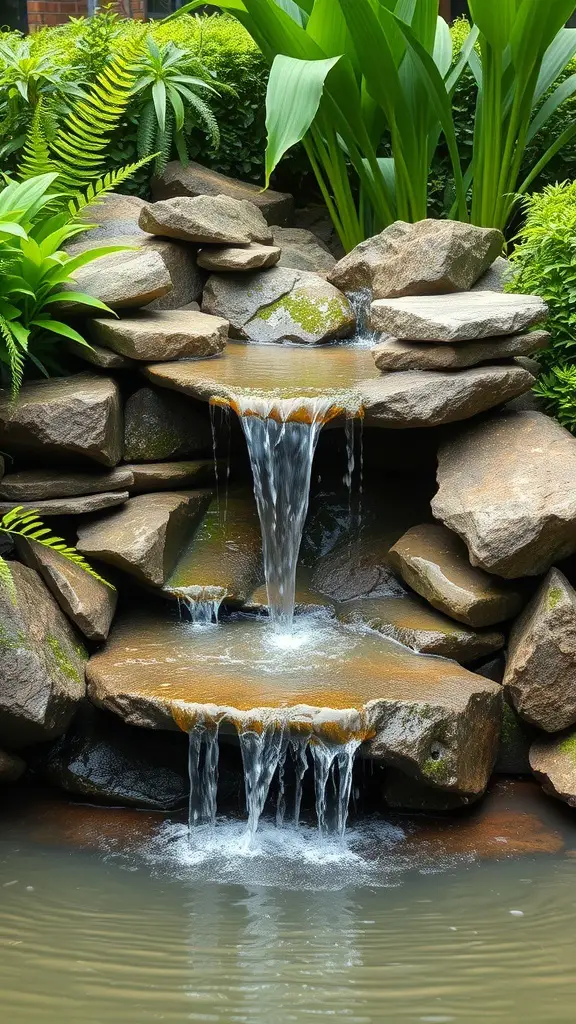 19+ Beautiful Small Garden Waterfalls to Transform Your Outdoor Space 7 A tranquil rock cascade in a garden, with water flowing over stones surrounded by lush greenery.