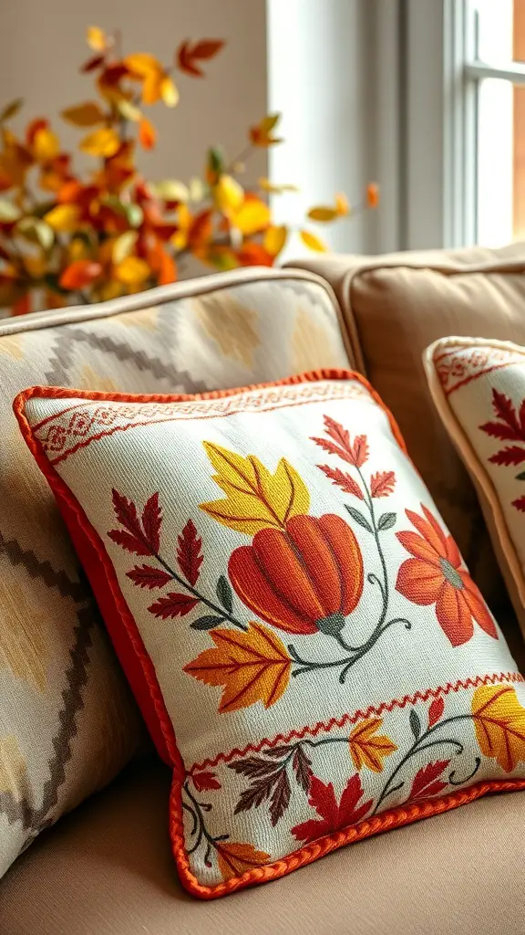 23+ Cozy Fall Living Room Decor Ideas to Transform Your Space 14 Decorative pillow with autumn themes featuring pumpkins and colorful leaves