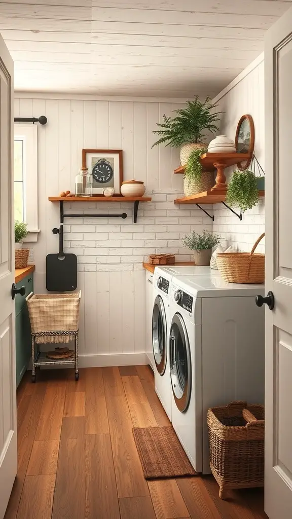 A cozy farmhouse laundry nook with white walls, wooden shelves, and plants.