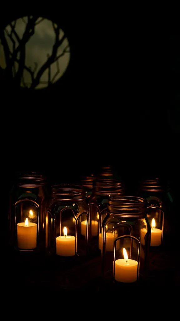 27+ Creative DIY Halloween Decorations You Can Make at Home 5 A collection of glowing mason jar lanterns in a dark setting, with a soft candlelight effect
