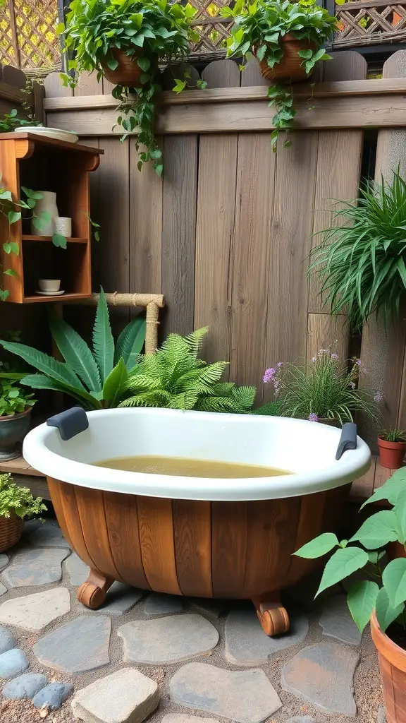 23+ Stunning Ideas for Decorating Your Garden Tub in the Master Bath 7 A rustic garden tub surrounded by plants and wooden accents in a master bath.