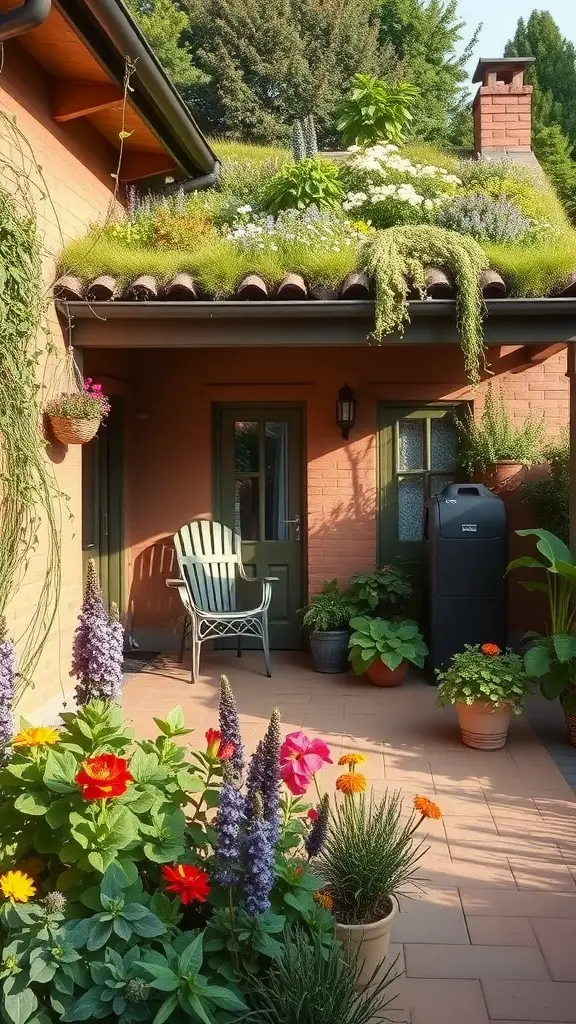 23+ Creative Patio Roof Extension Ideas You’ll Love 12 A cozy patio with a green roof filled with plants and flowers, showcasing a vibrant garden atmosphere.