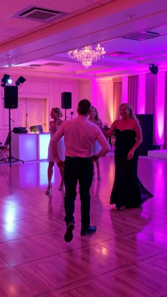 21+ Must-Have Essentials for the Ultimate Disco Garden Party 2 A lively dance floor at a disco garden party with colorful lights and guests dancing.