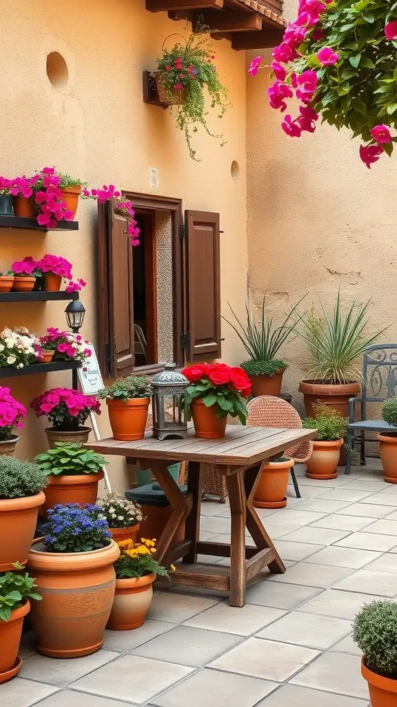 25+ Stunning Italian Garden Ideas for Your Outdoor Space 2 A cozy Italian patio with colorful flowers in pots, a wooden table, and comfortable chairs.