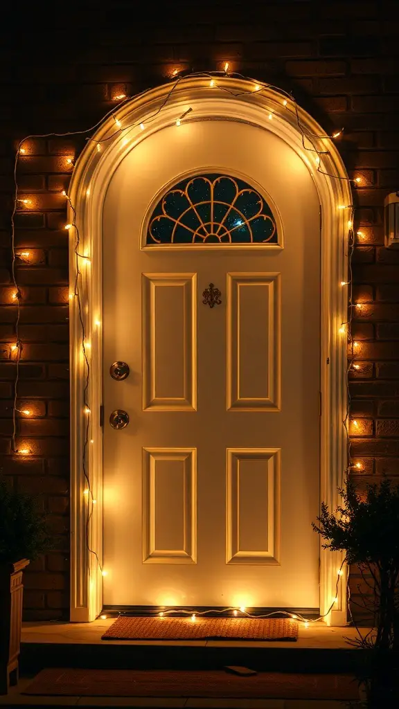 A front door decorated with twinkling string lights, creating a warm and festive atmosphere.
