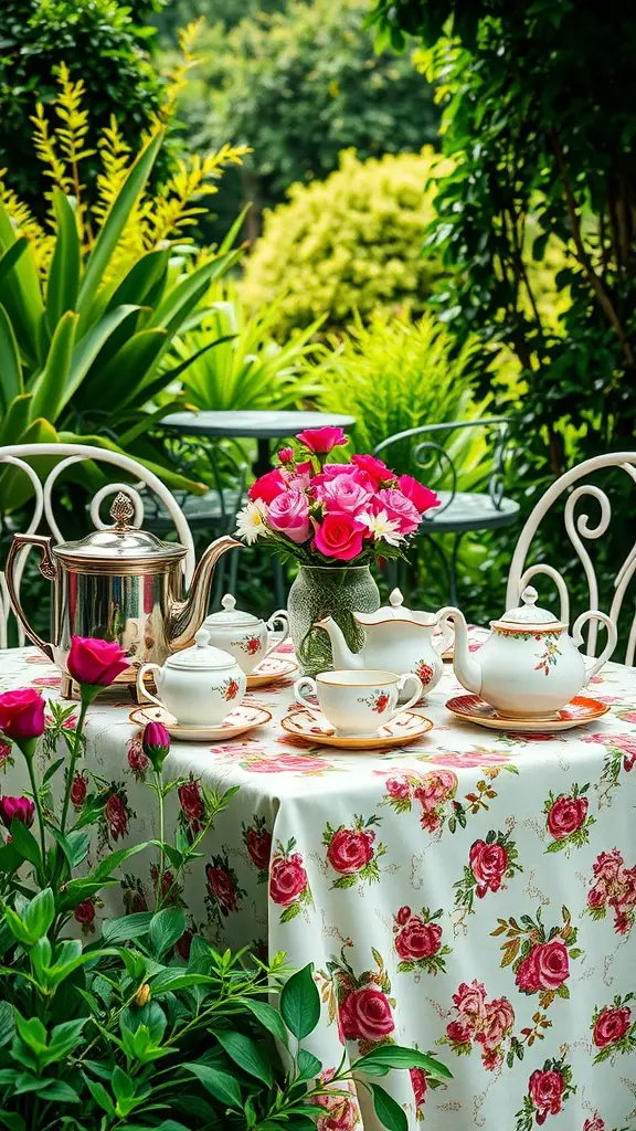 21+ Delightful Garden Tea Party Ideas for Your Next Event 7 A beautifully set garden table for a tea party, featuring a floral tablecloth, tea set, and fresh flowers.