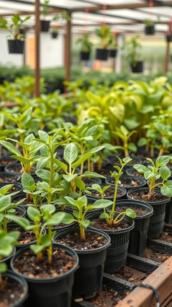 A vibrant garden nursery filled with young green plants in pots.