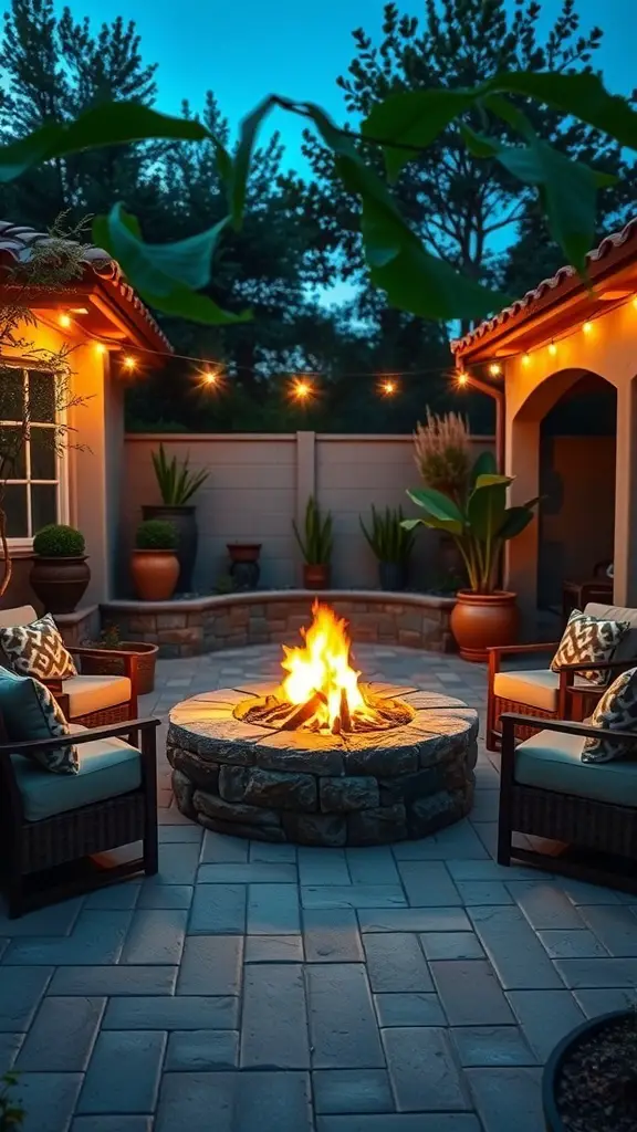 A cozy fire pit surrounded by comfortable seating and plants in a backyard setting.