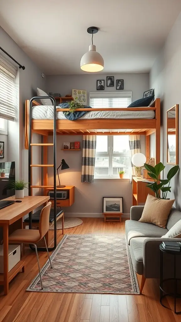25+ Creative Loft Bed Ideas for Small Rooms 13 A cozy studio apartment featuring a loft bed, workspace, and natural light.