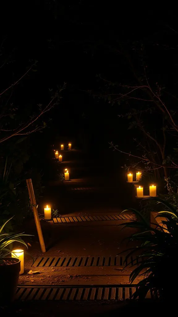 21+ Enchanting Elements for a Gothic Garden Makeover 2 A candlelit pathway in a dark garden, illuminated by flickering candles.